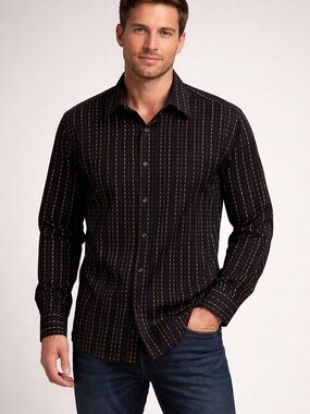 Axcess Men's Black Button-Down Shirt with Vertical Dotted Stripe